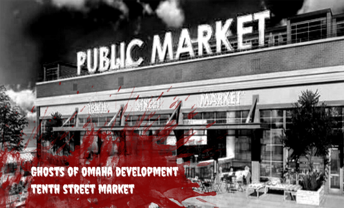 a black and white image of the planned Tenth Street Market, overlayed with a blood spatter.